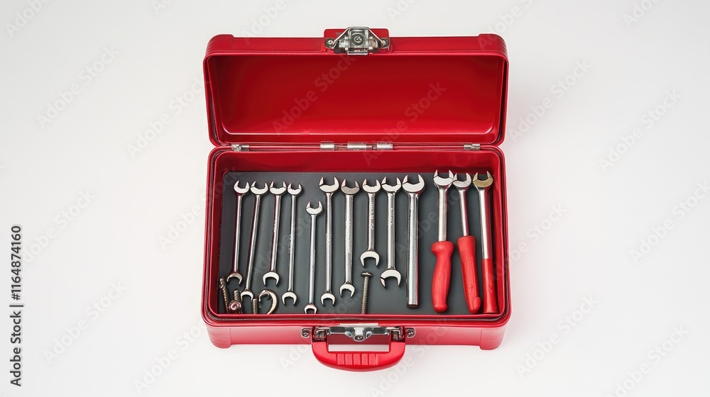 Poster An open red toolbox with screws, nails, and basic tools inside, centered on a white background, showcasing the contents in a practical, clean layout