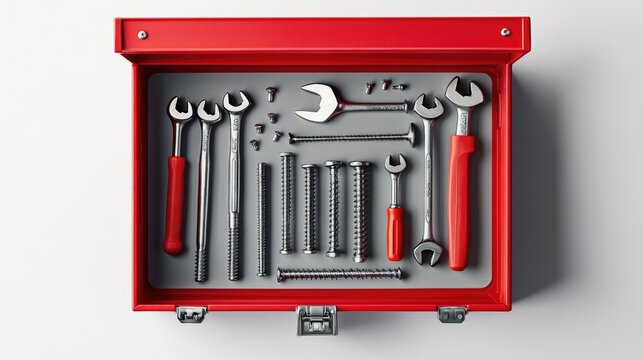 An open red toolbox with screws, nails, and basic tools inside, centered on a white background, showcasing the contents in a practical, clean layout