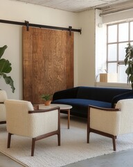 Stylish and Cozy Living Room Featuring a Navy Blue Couch, Elegant Armchairs, Creative Wood Art and Inviting Natural Elements for a Modern Atmosphere