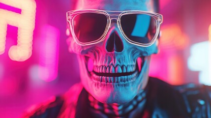 A neon skull wears sunglasses and a leather jacket, exuding a stylish, edgy vibe against a backdrop of colorful lights
