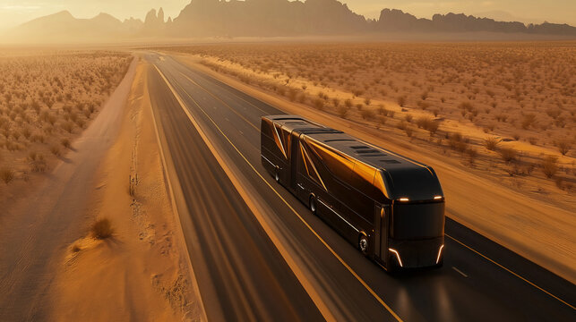 Futuristic Sleeper Bus Driving Through Desert at Sunset on an Endless Highway