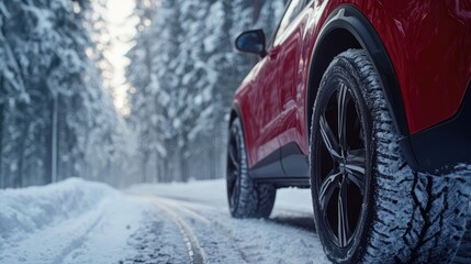 Red SUV on a Snowy Forest Road in Winter