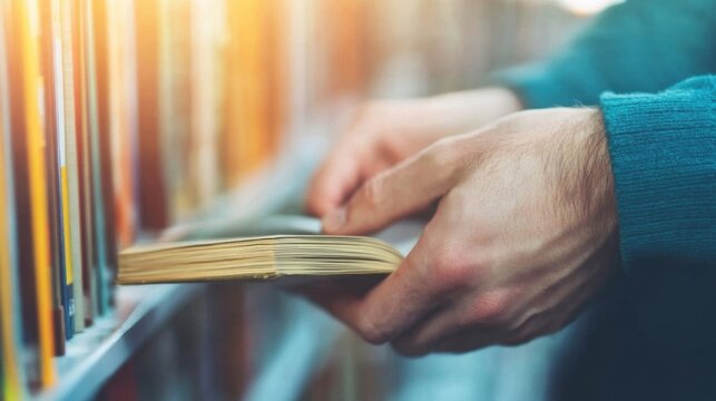 Individual browses through books on a library shelf, focusing on a chosen book, illuminated by soft natural light during daytime