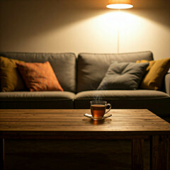 warm cozy living room interior with wooden table and cup of tea on it  against a sofa and cushions  in evening light