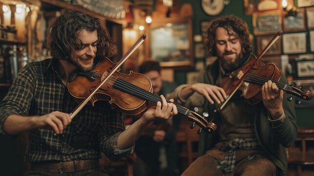 Musicians entertain at Irish pub music session with fiddles in a cozy atmosphere