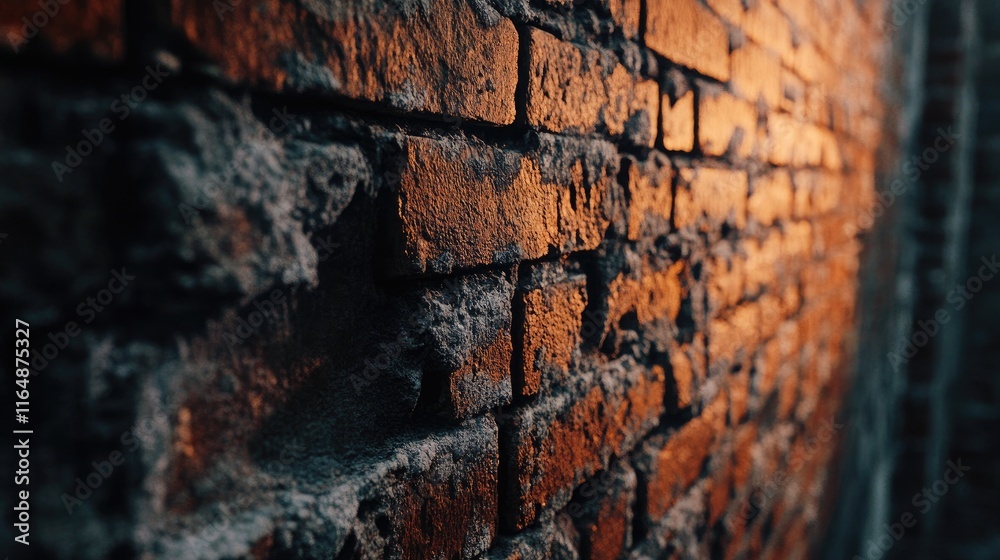 Poster Close-up of an aged red brick wall with intricate detailing and soft lighting, emphasizing the texture and historical feel of the wall's surface