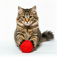 cute tabby cat with big yellow eyes playing with a red ball of yarn on a white background