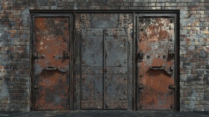 Close-up of asymmetrical metal doors set into an old brick wall, giving a rough, industrial look to the entrance of a transformer area