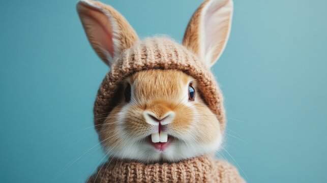 The rabbit wearing a hat showing two teeth is very cute