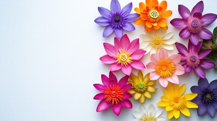 Obraz premium Colorful lotus flowers in full bloom captured from above, placed on a white background with plenty of free space for creative use