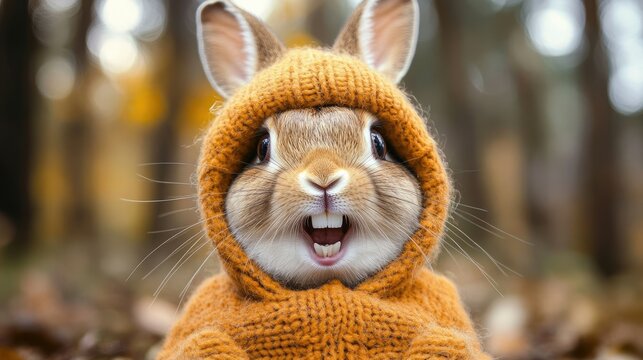 The rabbit wearing a hat showing two teeth is very cute