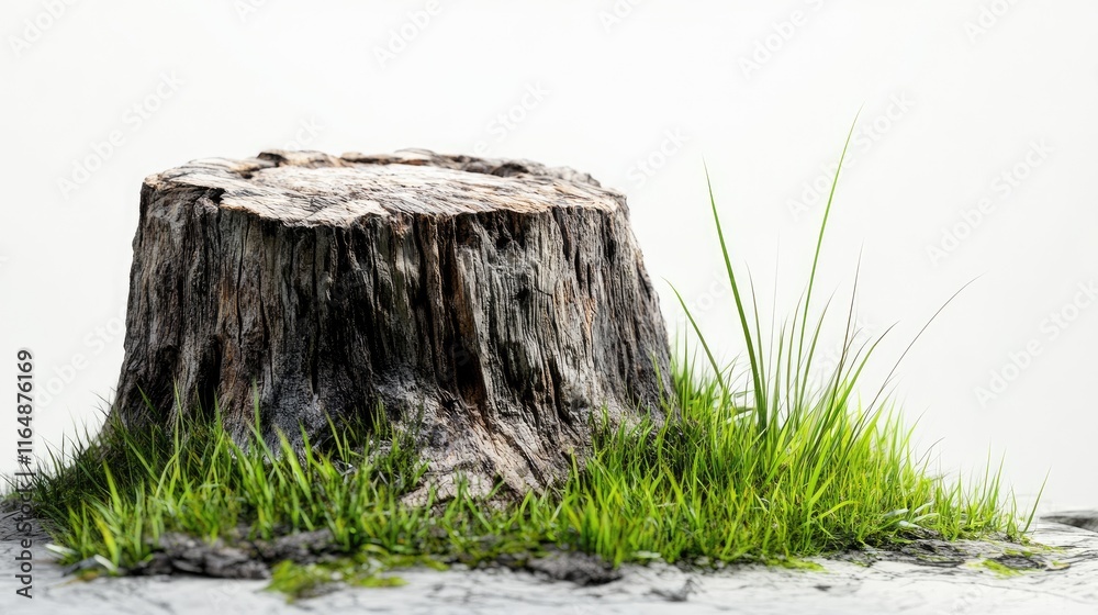 Poster detailed side view of a weathered wooden stump with grass growing around it, emphasizing its texture