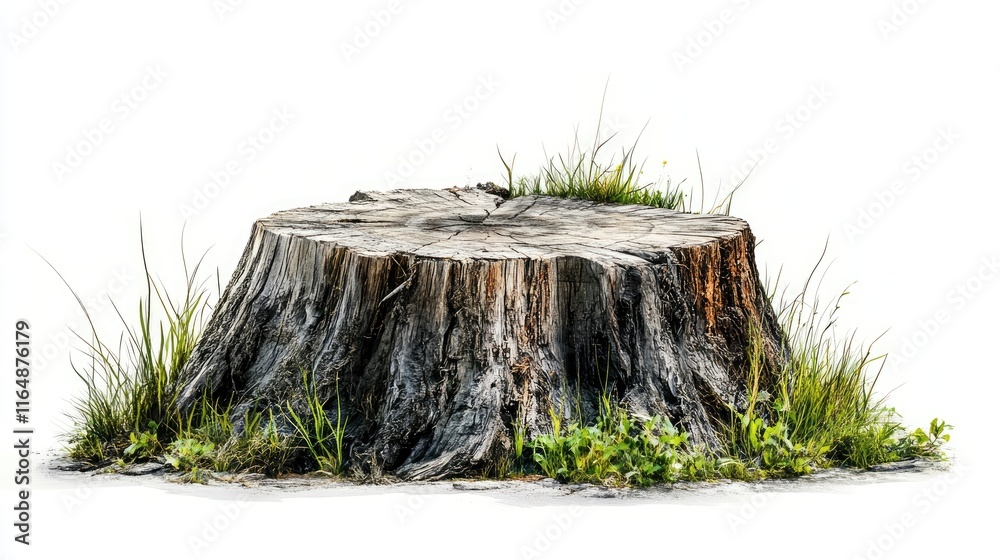 Poster detailed side view of a weathered wooden stump with grass growing around it, emphasizing its texture