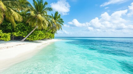 Fototapeta premium Experience the tranquility of a tropical beach where clear turquoise water meets white sand under a bright blue sky