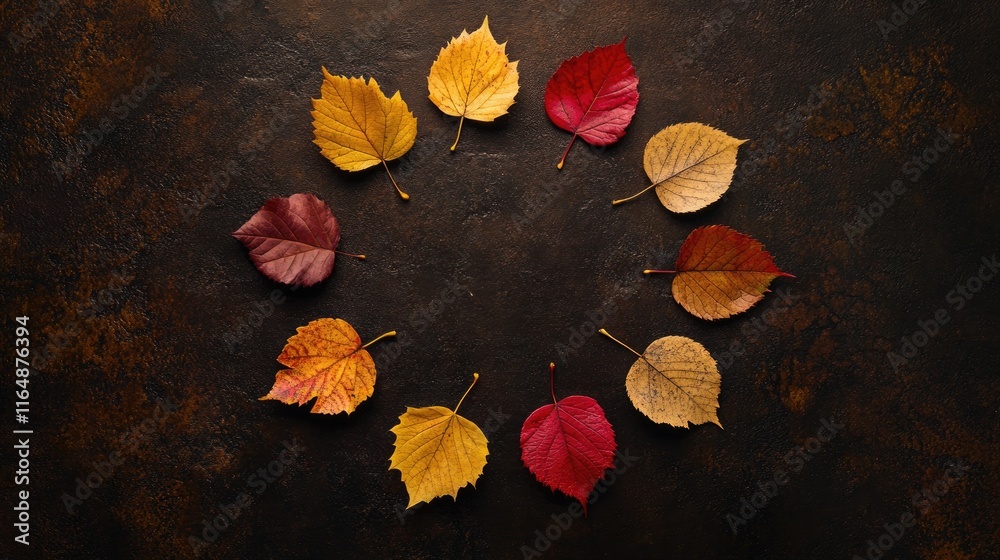 Poster fall leaves in rich autumn colors, arranged in a perfect circle and surrounded by subtle golden ligh