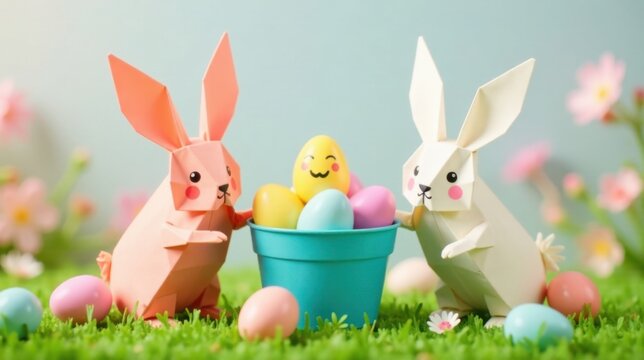 Adorable Origami Rabbits Celebrate Spring with Pastel Easter Eggs in a Festive Pot
