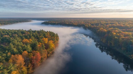 Fototapeta premium Autumnal River Mist Enveloping Colorful Trees