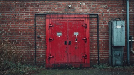 Metal doors in a red brick wall marking the entrance to a transformer area, with the industrial look softened by the weathered texture of the bricks