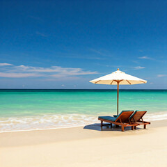 two beach chairs under umbrella on sandy beach with clear blue sky and ocean water