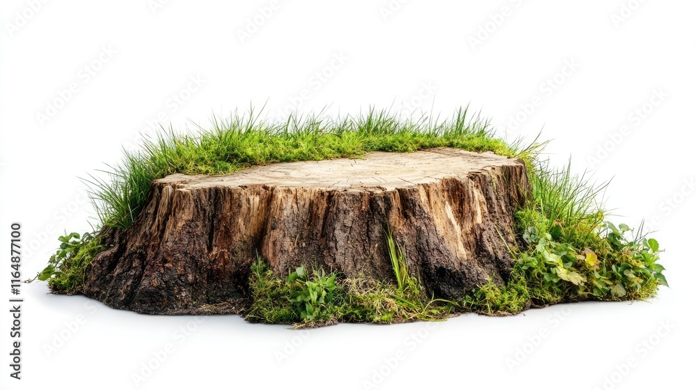Poster natural tree stump side view with grass and earth textures, isolated on a clean white backdrop to hi