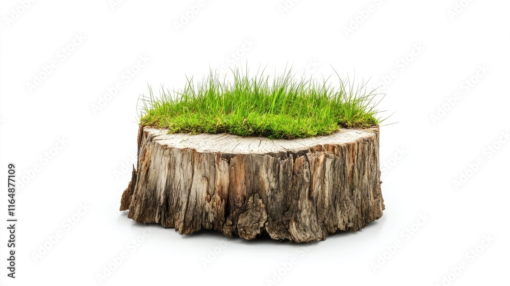 Poster natural tree stump side view with grass and earth textures, isolated on a clean white backdrop to hi