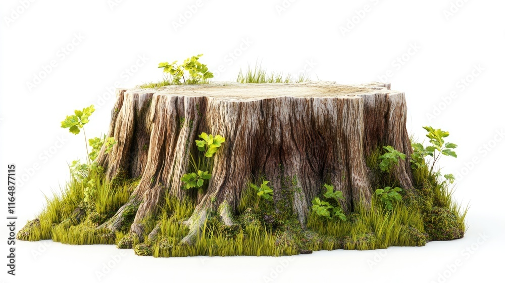 Poster natural tree stump side view with grass and earth textures, isolated on a clean white backdrop to hi