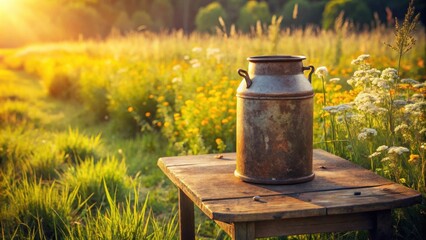 Fototapeta premium Rustic milk can resting on aged wooden table amidst vibrant wildflowers bathed in golden sunset light