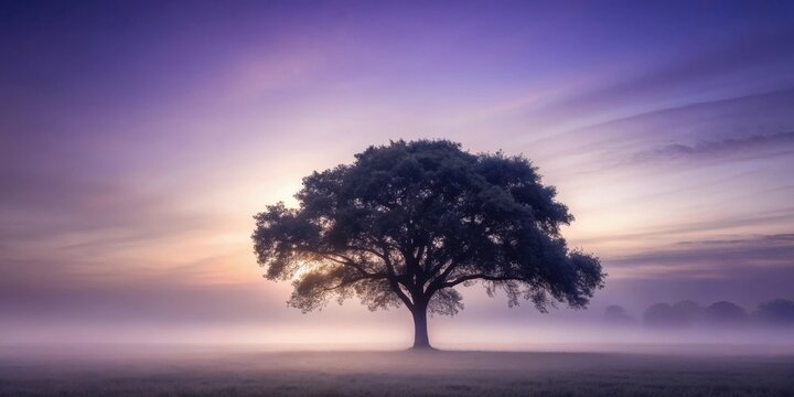 Serene Sunrise Solitary Tree in Misty Meadow, Bathed in Soft Purple Light