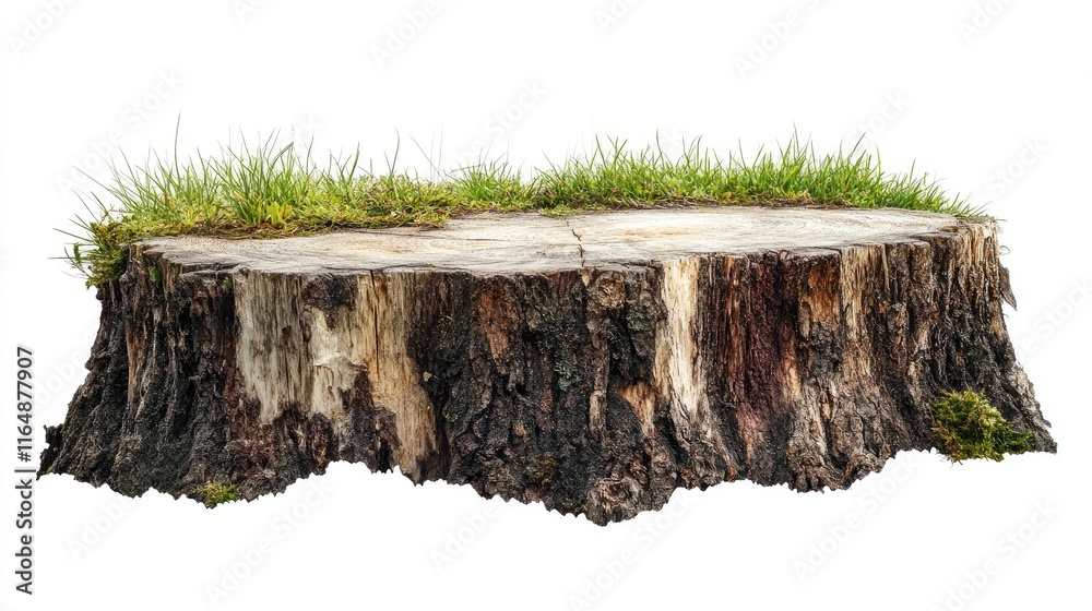 Poster side view of a rustic tree stump with grass growing at its base, isolated on a white background, hig