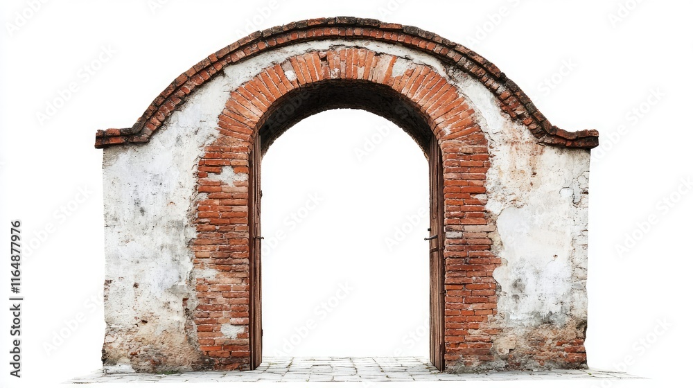 Poster side view of a weathered red brick gate archway with rustic appeal, captured against a white backgro