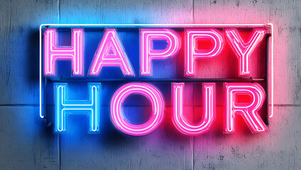 Vibrant Neon Happy Hour Sign on a Textured Wall Background: A Glowing Invitation to Festive Evenings