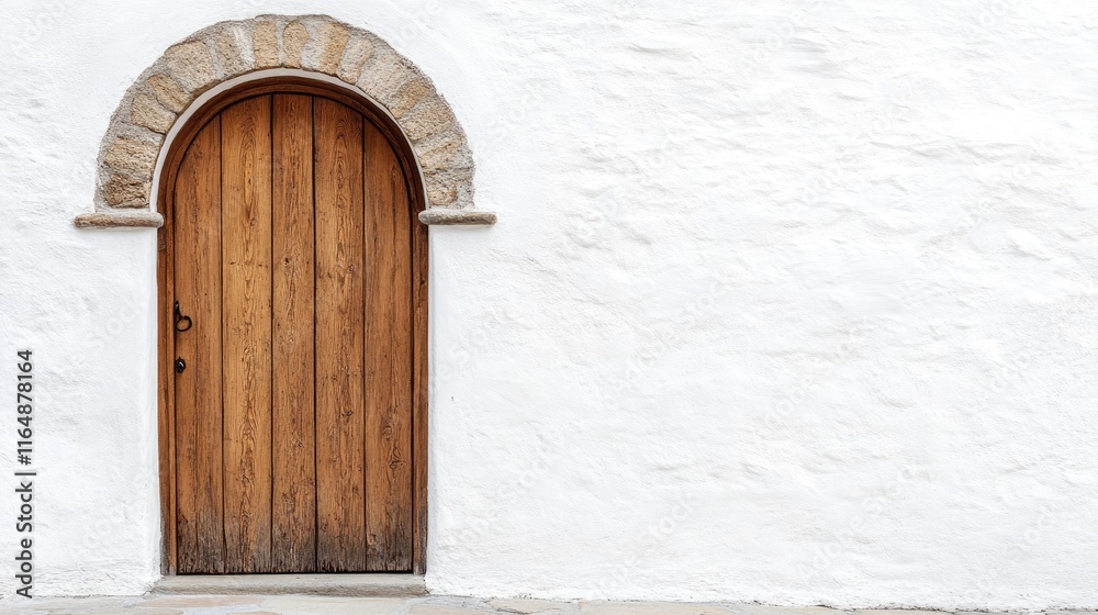 Poster side view of a wooden door with a stone arch, isolated against a pristine white wall, emphasizing th