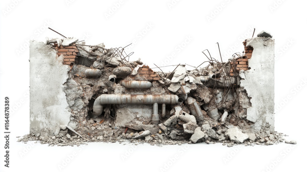 Poster structural ruins of a demolished building with exposed pipes and scattered rubble, isolated on a whi