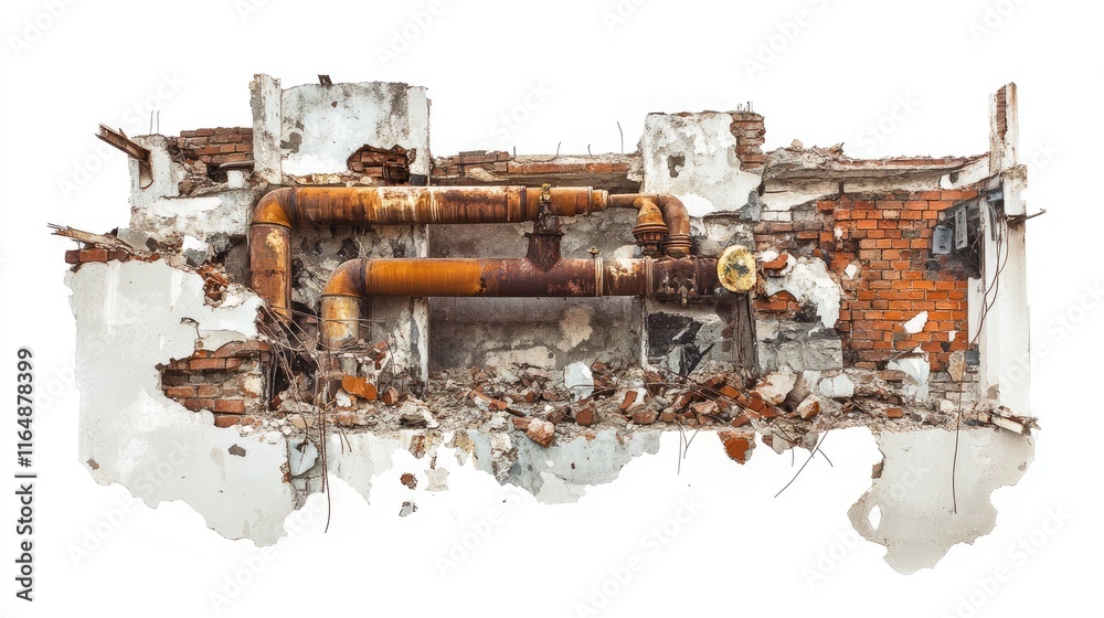 Poster structural ruins of a demolished building with exposed pipes and scattered rubble, isolated on a whi