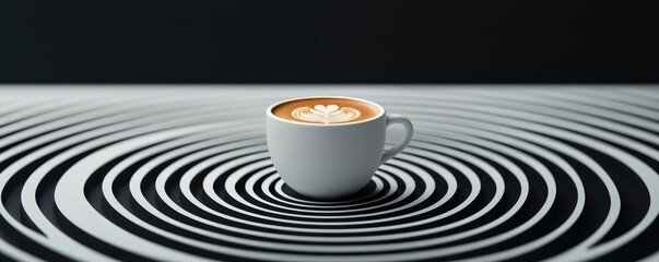 Minimal coffee idea. A beautifully crafted coffee cup resting on a swirling pattern background.