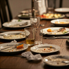 Fototapeta premium empty plates glasses and napkins on wooden table in restaurant after meal