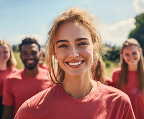 A cheerful group of young people in red shirts, smiling and enjoying a sunny day outdoors, exuding positivity and camaraderie.