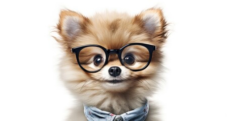 Obraz premium A cute Pomeranian dog wearing glasses and a shirt, exuding a playful and intelligent vibe.