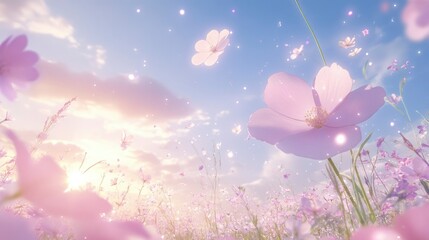 Obraz premium Pastel Pink Cosmos Flowers Bloom Under a Sunny Sky