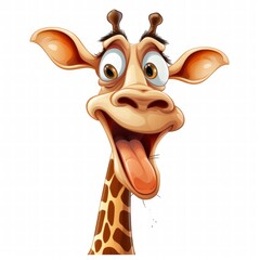 Funny Cartoon Giraffe Face, Happy Expression, Tongue Out, Big Eyes on white background