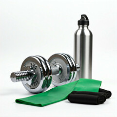 Obraz premium silver dumbbells with green resistance band and stainless steel water bottle on white background