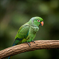 Obraz premium green parrot perched on a branch in a lush green forest setting