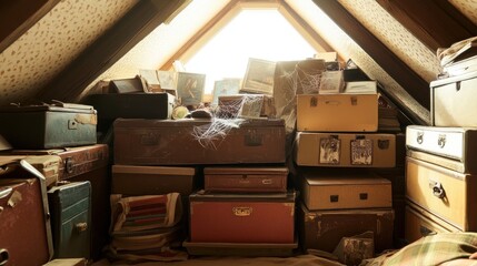 A messy attic filled with cobwebs, old trunks, and scattered memorabilia 
