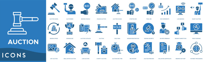 Auction icon. Auction Gavel, Auctioneer, Bidding Paddle, Online Auction and Auction House