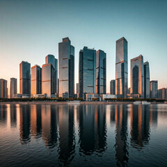 Obraz premium modern skyscraper buildings reflecting in water at sunset with boats in the foreground