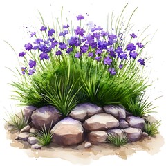 Fototapeta premium Watercolor Painting of Purple Flowers Growing on Rocks.