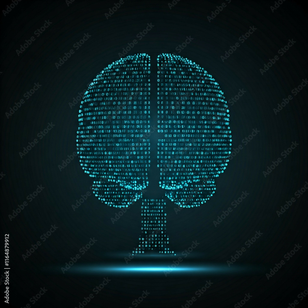 Wall mural abstract digital brain with binary code and glowing blue light effect on black background