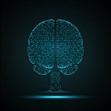 abstract digital brain with binary code and glowing blue light effect on black background