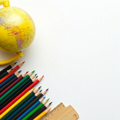 Naklejka premium back to school supplies with globe colored pencils and ruler on white background