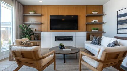 Fototapeta premium A modern living room with stylish furniture, a large TV, and a cozy fireplace